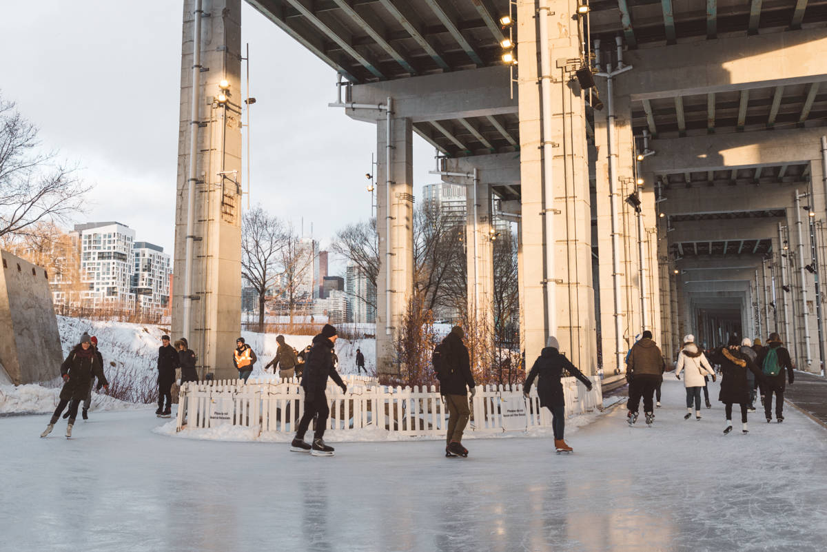 Skating at the Bentway Toronto under the Gardiner Expressway