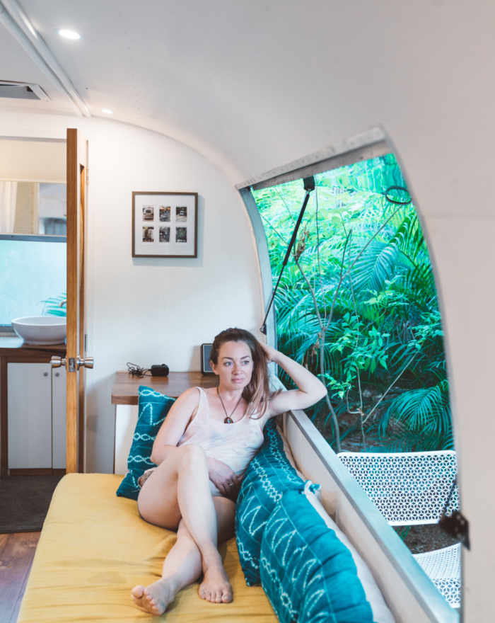 Touring the inside of a renovated vintage Airstream Airbnb in Costa Rica